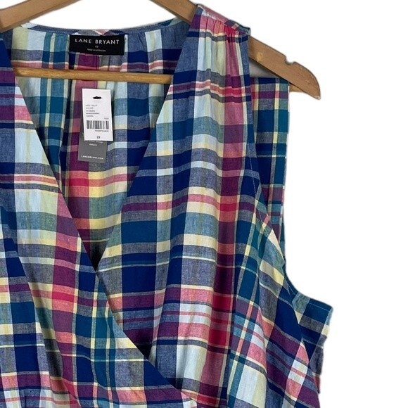 Lane Bryant Classic Surplice-Neck Belted Top 22 NEW Plaid Halter‎ Linen Cotton - Picture 7 of 14